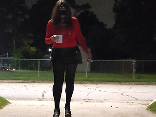 Crossdresser outdoors. Having a smoke and coffee tease.