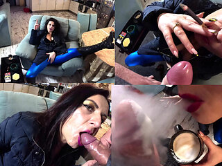 Smoking Blowjob, Cameltoe Tease & Double Cum on My Downjacket