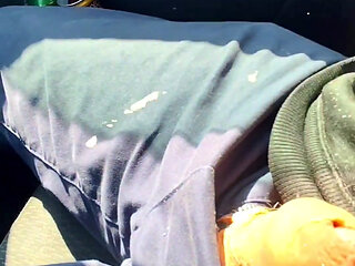 Almost caught! He jerks off in traffic in front of me, I love watching. Big cumshot! Part 1