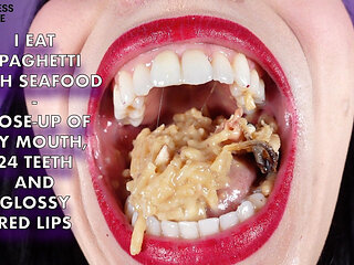 I Eat Spaghetti with Seafood - Close-up of My Mouth, 24 Teeth and Glossy Red Lips