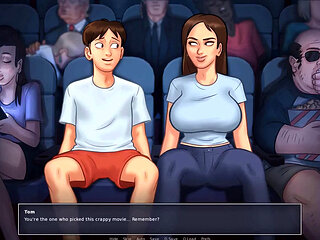 Summertime saga: stepbrother fingers his stepsister in the cinema