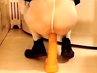 Dildo Riding in the Bathroom Wearing an Open White Pantyhose