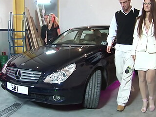 Two Blondes And A Brunette Visit Men In The Garage