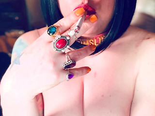 Cumslut Tina Snua Smokes A Cigarette With Her Tits Out - Smoking smoker Dangles Drifts OMI OME Snap Inhales