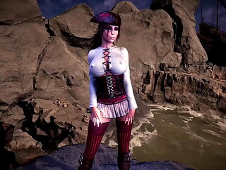 Pirate queen Lara Croft seductively dances on the coast before storm
