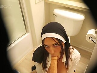 Ultra-Kinky black-haired is blowing a faux man meat in the rest room and hoping to get a facial cumshot