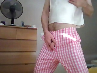 Sexy crossdresser secretary in Gingham pink pants 2