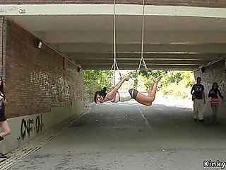 Gagged Slut Suspended From A Bridge