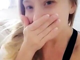 Blonde schoolegirl babe with small boobs does blowjob in pov