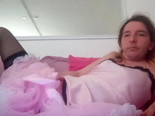 Leatransteen Masturbating and Cum in a Pink Dress