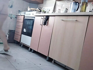 Hairy Brunette MILF Mirsur Cooking Naked - Big Ass & Tits in Kitchen Fingering