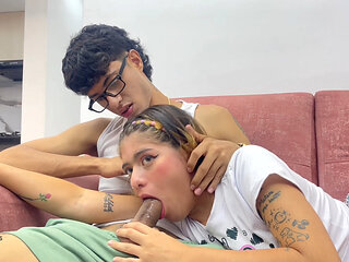My little stepsister is scared and to help her I give her my huge cock to swallow