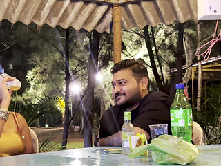 The guy is walking the girl around the garden and asking her to fuck him