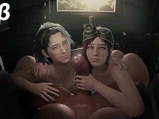 Two Scavenging Sluts Licking on a Big Breast Transgender BBC, Mad Moxxi Deepthroating Amara's Cock