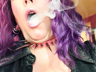Purple Haired Smoking Goth Tina Snua Smokes Close Up - Coughing Smoke Drifts OMI OME Snap Inhales