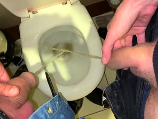 Pissing Together Then Jerk Together, but Cant Cum, Someone Comes