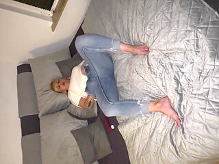 Milf in a white shirt gets it in front of man and finds it horny, she trembles, twitches and moans while she climaxes