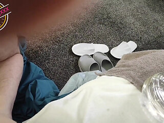 Mistress Fucks Her Slave Husband in the Ass with Her Feet and Rubs Her Juicy Pussy in Excitement