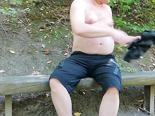 Hot Jerking off in Pantyhose on Bench in the Forest
