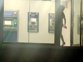 Sissy in Slutty Dress Masturbating Her Ass in Public ATM with Dildo at Night