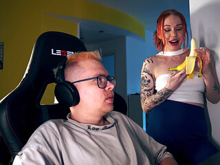 Stepmom Seduces Stepson Under Desk for Facial While He Games