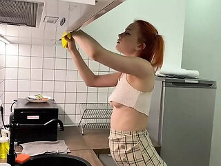 Sexy Redhead Teen Sheril Cleans Her Flat With No Panties & Skirt Up
