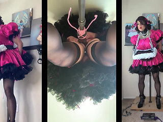 Sissy Maid with Her Serving Tray Riding Her Dildo Stand