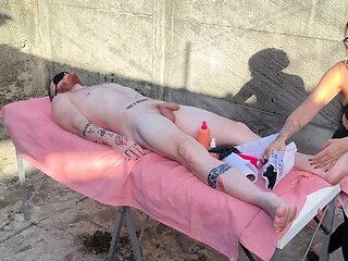 Nude massage outdoors with hot blonde