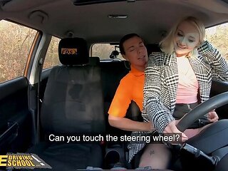 Blonde Marilyn Sugar Gets Naughty in Car with Black Stockings - Fake Driving School Fun