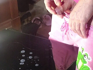 Sissy in Pink Fishnets Moans as She Dribbles Her Cum All Over the Table Phonecam Version