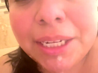 Horny Slut fucks her throat with bbc dildo in shower