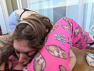 While I Was on the Balcony with My Wife, She Started to Get Horny and Asked Me to Suck Her Pussy in Front of Her Neighbor.