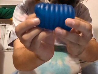 HairyHusky playing with his favorite blue sex toy in bed