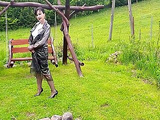 Raincoat, Nylons And Bra With Open Nipples