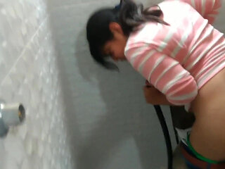 The maid was fixing the shower but I fucked her and filled her pussy with milk, Mexican teen slut.