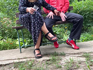 Mature stepmom milks my dick outdoors in the park