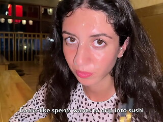 I cum on a girl'_s face in Public Sushi Bar and she eats rolls with Cum on her face - Cumwalk