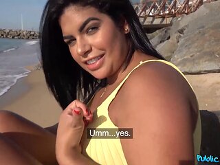 Beach stunner fucked on a public beach and then in personal swimming pool - public agent