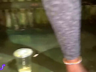 Young Ebony MILF Flashes Her Wet Pussy at Rooftop Bar