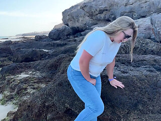 Peeing in Tight Jeans on the Beach