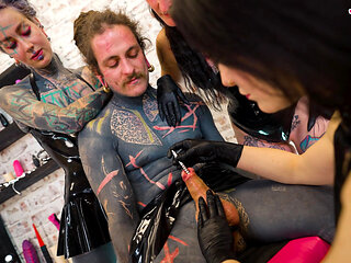 3 Latex Femdoms dominate Tattooed Slave - Sounding, Ureta Fingering, Dominatrix