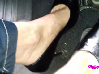 Driving and Revving in Black Pumps on Bare Foot