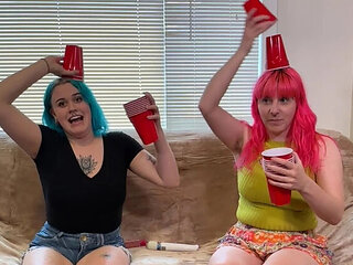 Big Tits Lesbian Teens Bea & Lizzy Strip Game - Stacking Cups Challenge Sex Toys