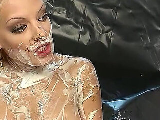 Horny Blonde Step Sisters Smeared with Vanilla Cream and Masturbates Pussy