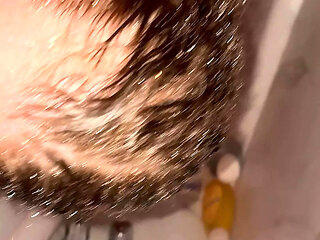 Redhead hot wife blowjob in the shower but