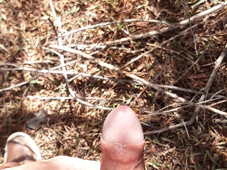 Pee and straw without clothes in grove