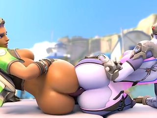 Sombra and Widowmaker fuck with the same dildo