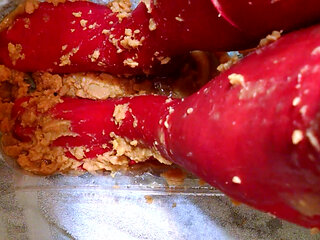 Food smearing my red nylon pantyhose feet, legs, crotch with yams and baked beans.