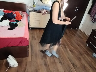 Amateur Woman Has Fun Trying on Clothes and Cutting Them.