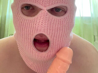 Linasissyboy in a chastity belt shows herself off, teases you and sucks a dildo deepthroating